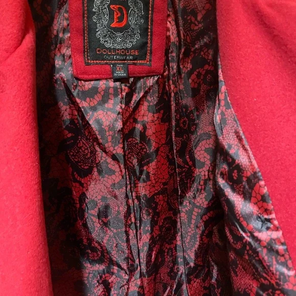 Dollhouse Vibrant Red Button Zip Pocket Black Elbow patches Pea Coat XL - Picture 3 of 7